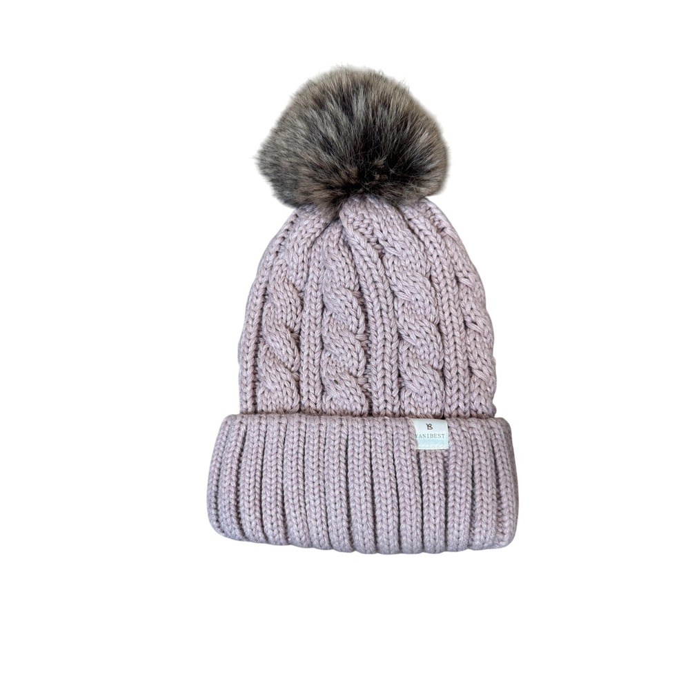 YANIBEST Beanie Hat Pink Cable Knit Satin Lined Faux Fur‎ Pom Womens Winter